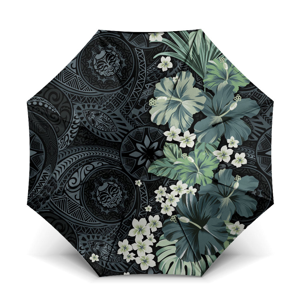 Pauliuli Hawai'i Hibiscus Umbrella Polynesian Tribal Tattoo Pattern Floral Elements LT9 One Size Folded 11.42 inch Opened Diameter 37.4 inch Charcoal Blue - Polynesian Pride