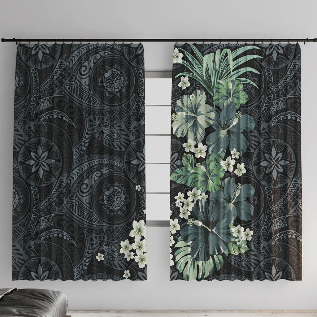 Pauliuli Hawai'i Hibiscus Window Curtain Polynesian Tribal Tattoo Pattern Floral Elements LT9 With Hooks Charcoal Blue - Polynesian Pride