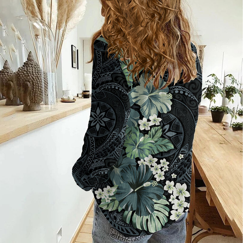 Pauliuli Hawai'i Hibiscus Women Casual Shirt Polynesian Tribal Tattoo Pattern Floral Elements