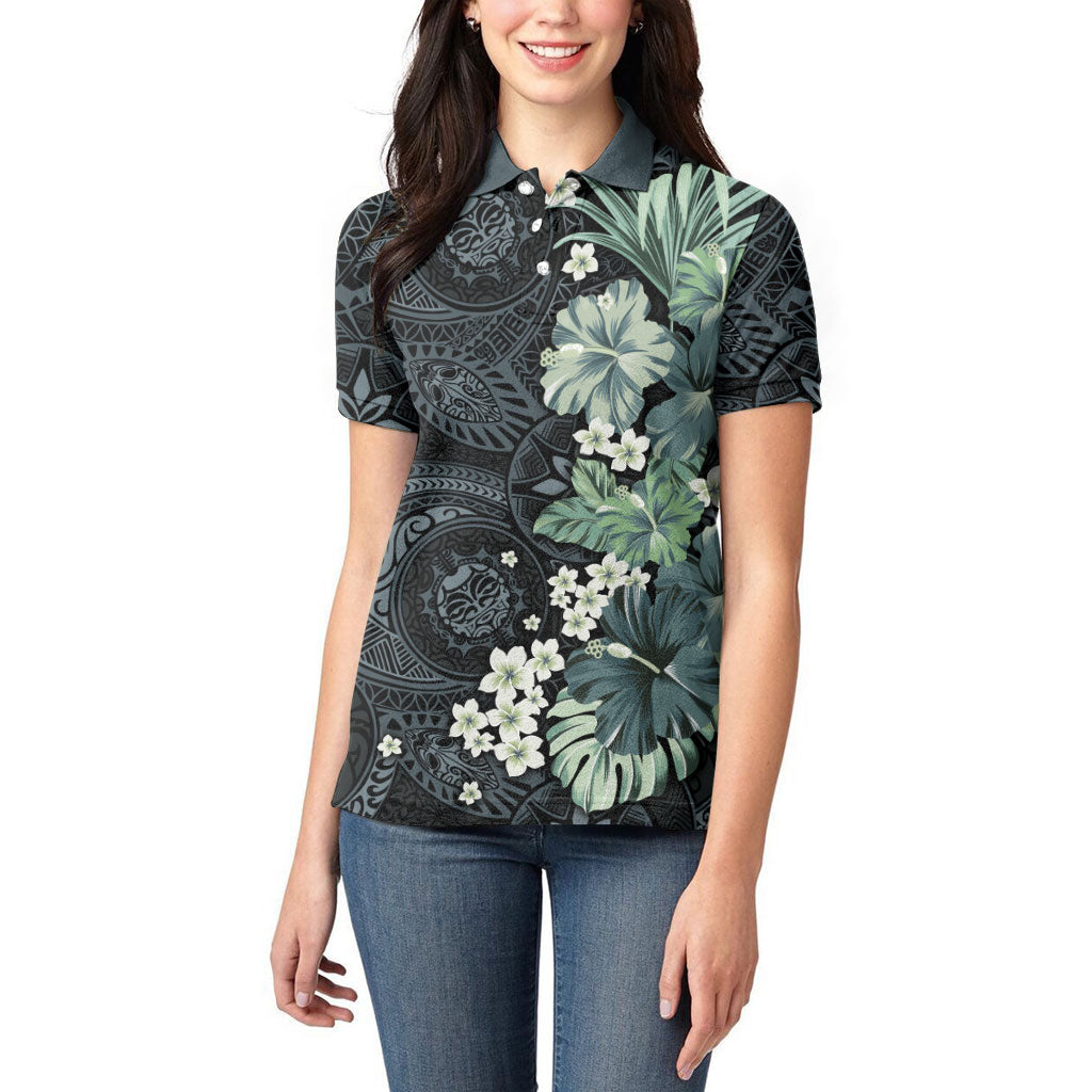 Pauliuli Hawai'i Hibiscus Women Polo Shirt Polynesian Tribal Tattoo Pattern Floral Elements