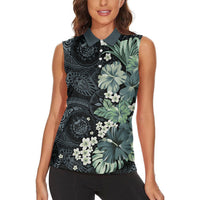 Pauliuli Hawai'i Hibiscus Women Sleeveless Polo Shirt Polynesian Tribal Tattoo Pattern Floral Elements