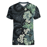 Pauliuli Hawai'i Hibiscus Women V-Neck T-Shirt Polynesian Tribal Tattoo Pattern Floral Elements
