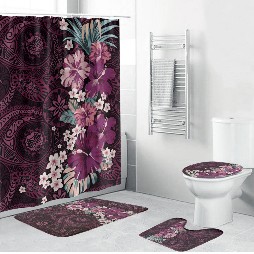 Poni Mama Hawai'i Hibiscus Bathroom Set Polynesian Tribal Tattoo Pattern Floral Elements LT9 Bathroom Set (4 pcs) Pink - Polynesian Pride