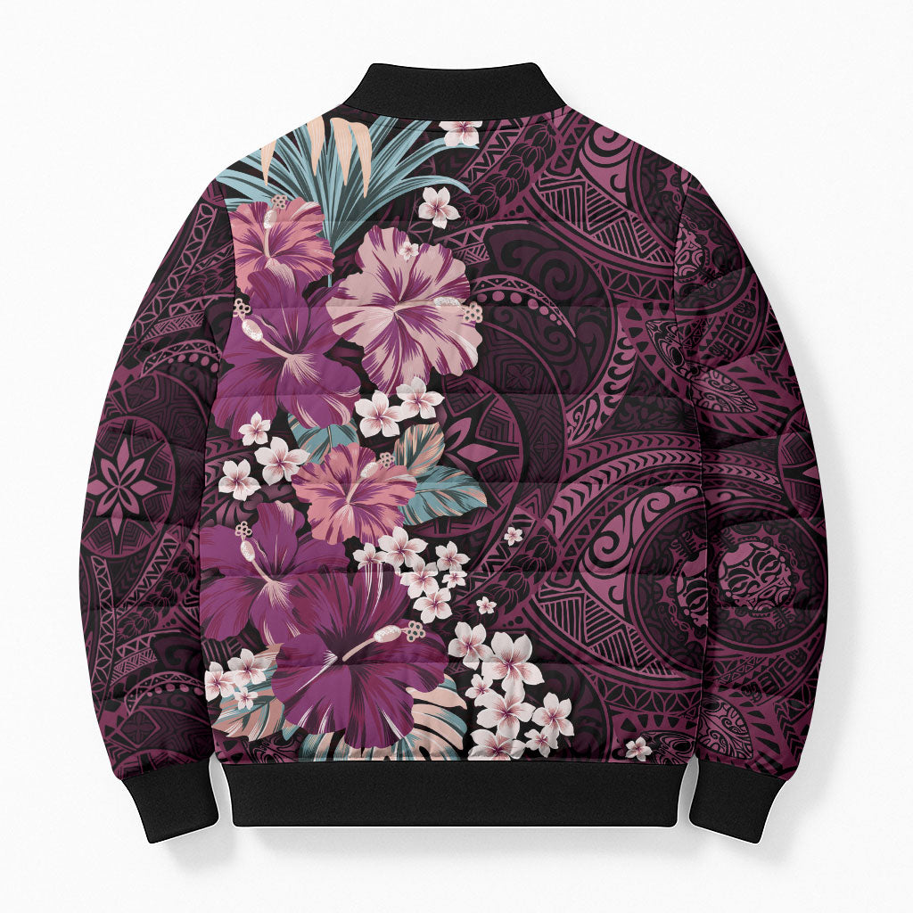 Poni Mama Hawai'i Hibiscus Bomber Puffer Jacket Polynesian Tribal Tattoo Pattern Floral Elements