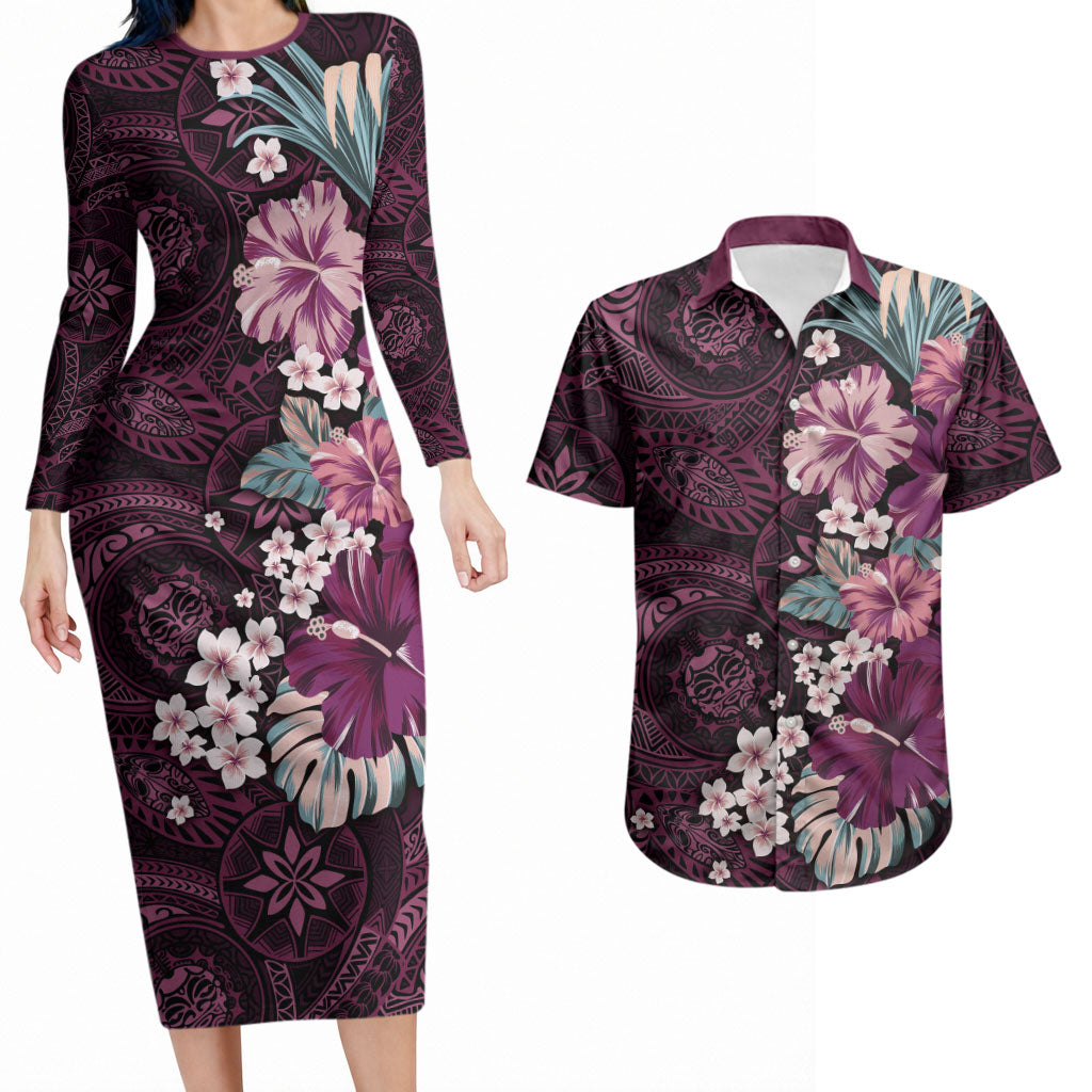 Poni Mama Hawai'i Hibiscus Couples Matching Long Sleeve Bodycon Dress and Hawaiian Shirt Polynesian Tribal Tattoo Pattern Floral Elements