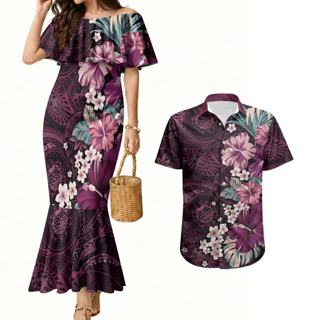 Poni Mama Hawai'i Hibiscus Couples Matching Mermaid Dress and Hawaiian Shirt Polynesian Tribal Tattoo Pattern Floral Elements LT9 Pink - Polynesian Pride