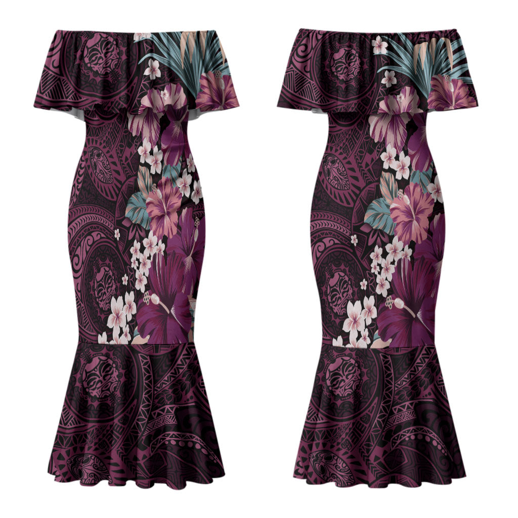 Poni Mama Hawai'i Hibiscus Couples Matching Mermaid Dress and Hawaiian Shirt Polynesian Tribal Tattoo Pattern Floral Elements