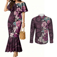 Poni Mama Hawai'i Hibiscus Couples Matching Mermaid Dress and Long Sleeve Button Shirt Polynesian Tribal Tattoo Pattern Floral Elements