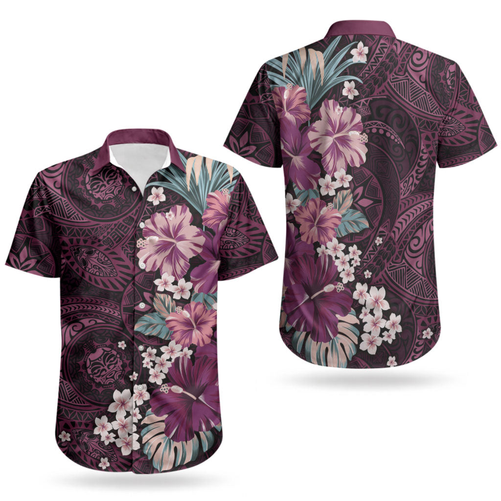 Poni Mama Hawai'i Hibiscus Couples Matching Off Shoulder Short Dress and Hawaiian Shirt Polynesian Tribal Tattoo Pattern Floral Elements