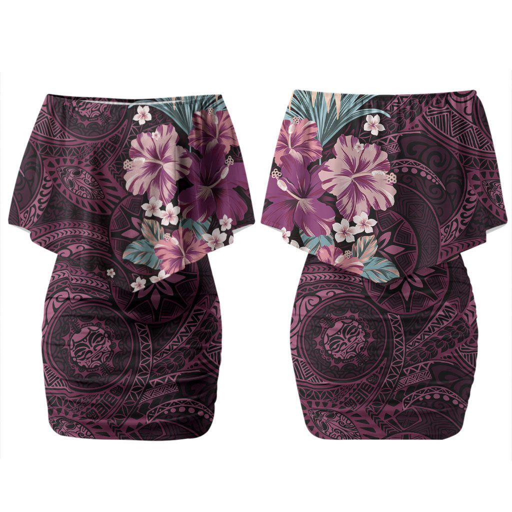 Poni Mama Hawai'i Hibiscus Couples Matching Off Shoulder Short Dress and Long Sleeve Button Shirt Polynesian Tribal Tattoo Pattern Floral Elements
