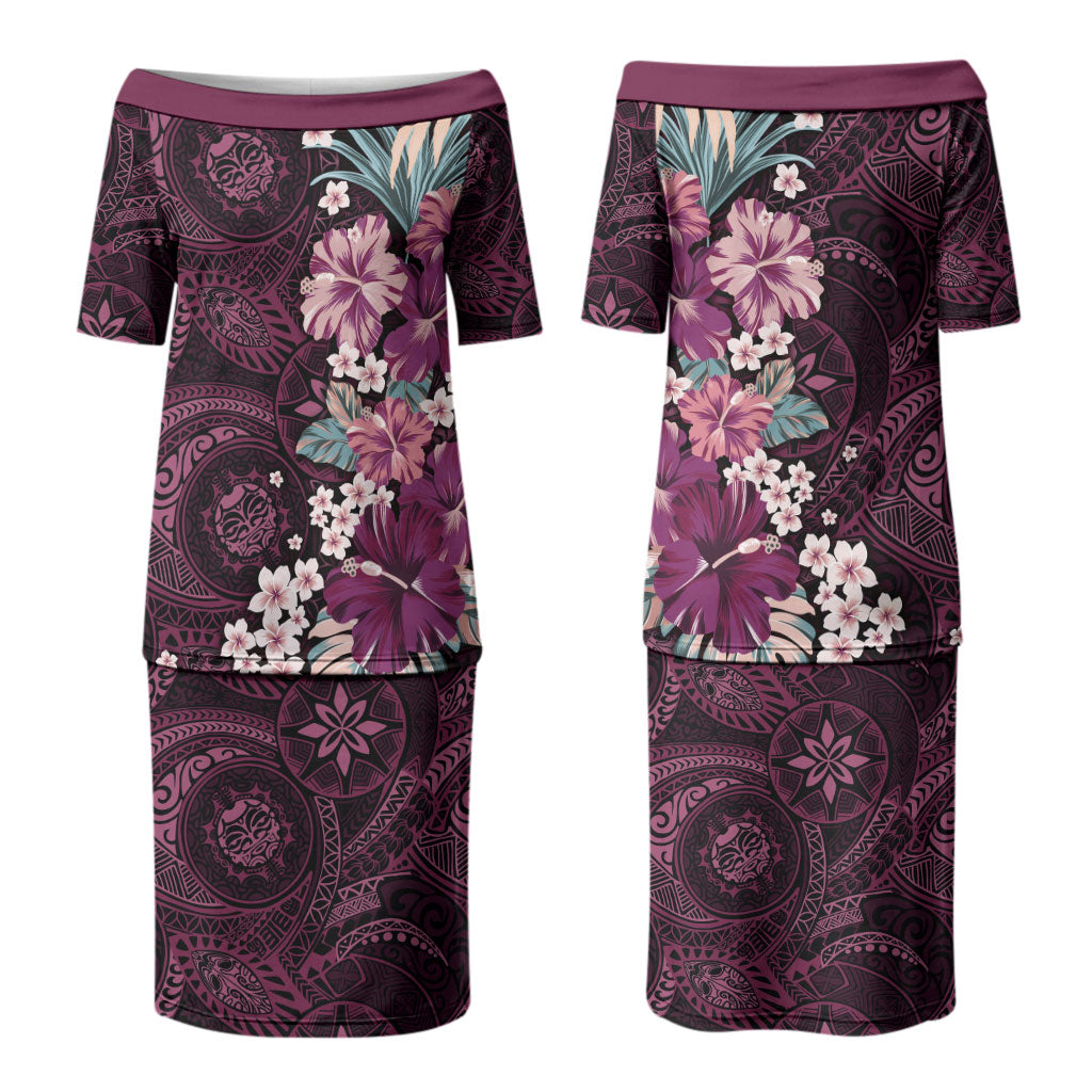 Poni Mama Hawai'i Hibiscus Couples Matching Puletasi and Long Sleeve Button Shirt Polynesian Tribal Tattoo Pattern Floral Elements