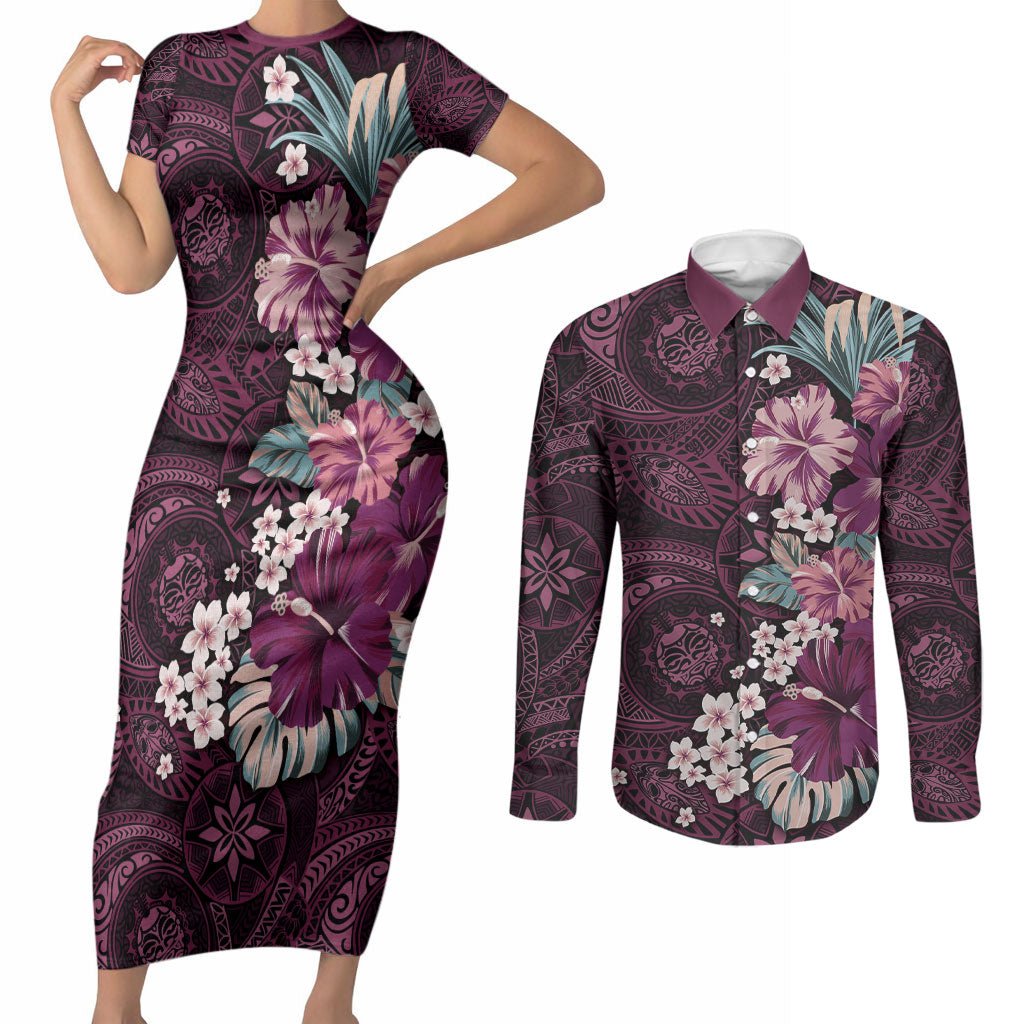 Poni Mama Hawai'i Hibiscus Couples Matching Short Sleeve Bodycon Dress and Long Sleeve Button Shirt Polynesian Tribal Tattoo Pattern Floral Elements