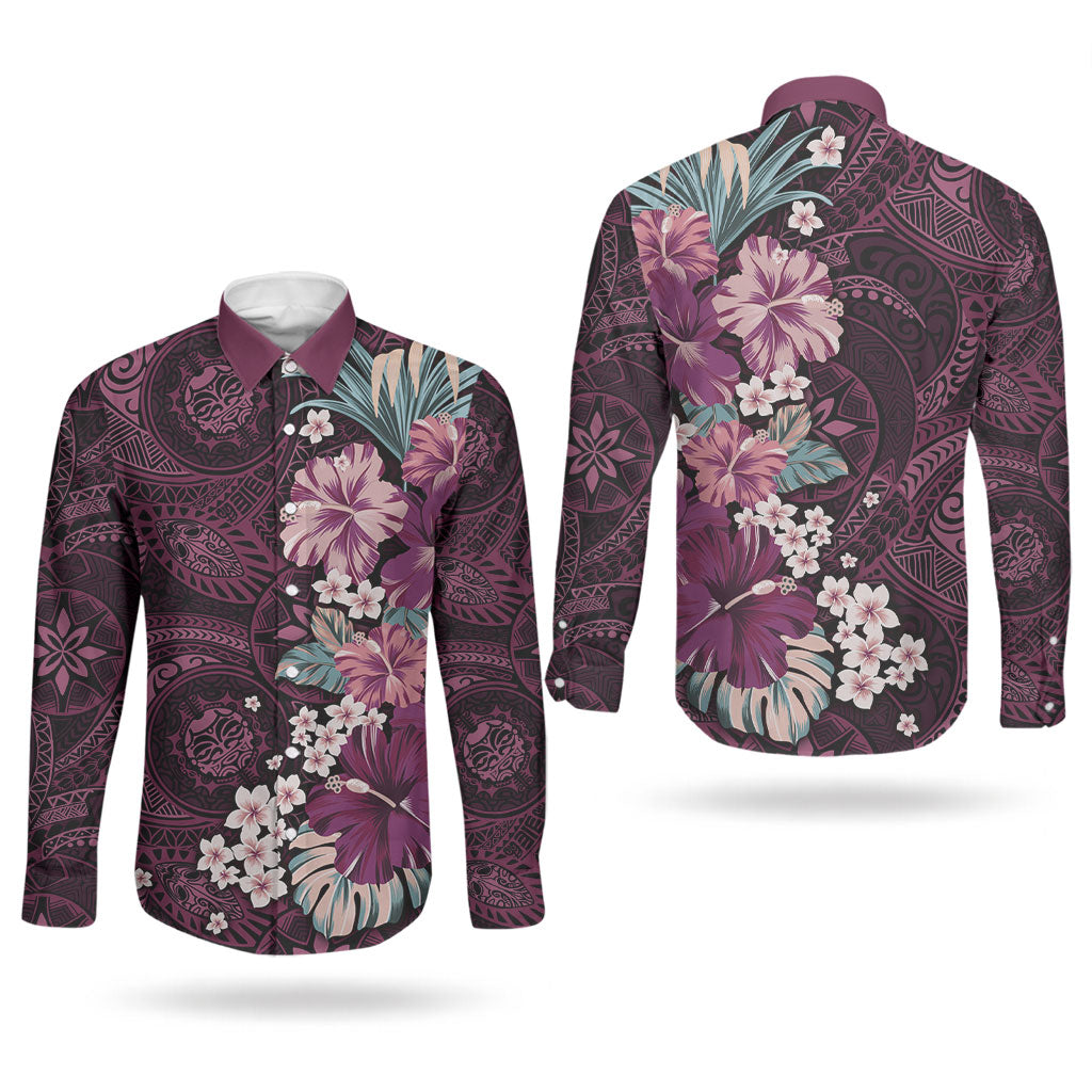 Poni Mama Hawai'i Hibiscus Couples Matching Short Sleeve Bodycon Dress and Long Sleeve Button Shirt Polynesian Tribal Tattoo Pattern Floral Elements