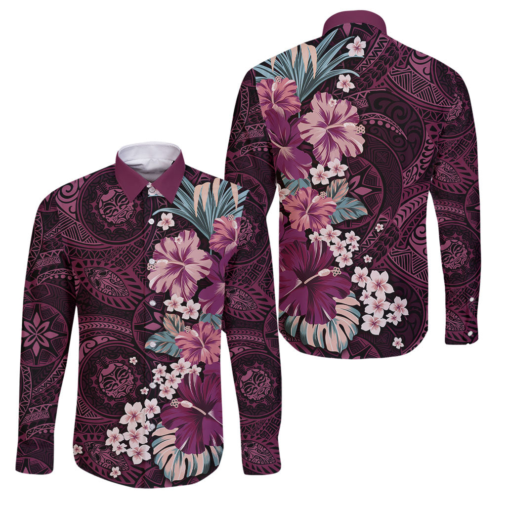 Poni Mama Hawai'i Hibiscus Family Matching Off The Shoulder Long Sleeve Dress and Hawaiian Shirt Polynesian Tribal Tattoo Pattern Floral Elements
