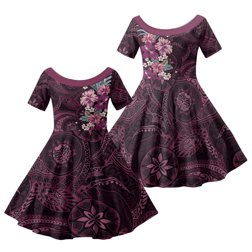 Poni Mama Hawai'i Hibiscus Family Matching Off The Shoulder Long Sleeve Dress and Hawaiian Shirt Polynesian Tribal Tattoo Pattern Floral Elements