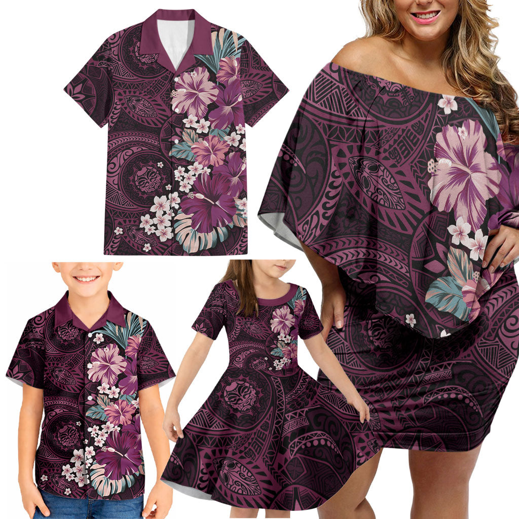 Poni Mama Hawai'i Hibiscus Family Matching Off Shoulder Short Dress and Hawaiian Shirt Polynesian Tribal Tattoo Pattern Floral Elements LT9 - Polynesian Pride