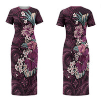 Poni Mama Hawai'i Hibiscus Family Matching Short Sleeve Bodycon Dress and Hawaiian Shirt Polynesian Tribal Tattoo Pattern Floral Elements