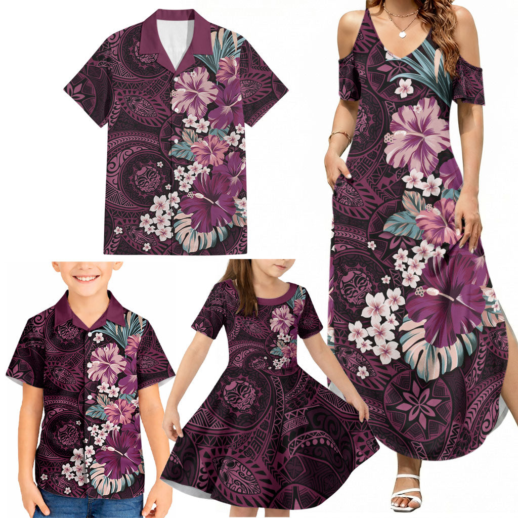 Poni Mama Hawai'i Hibiscus Family Matching Summer Maxi Dress and Hawaiian Shirt Polynesian Tribal Tattoo Pattern Floral Elements