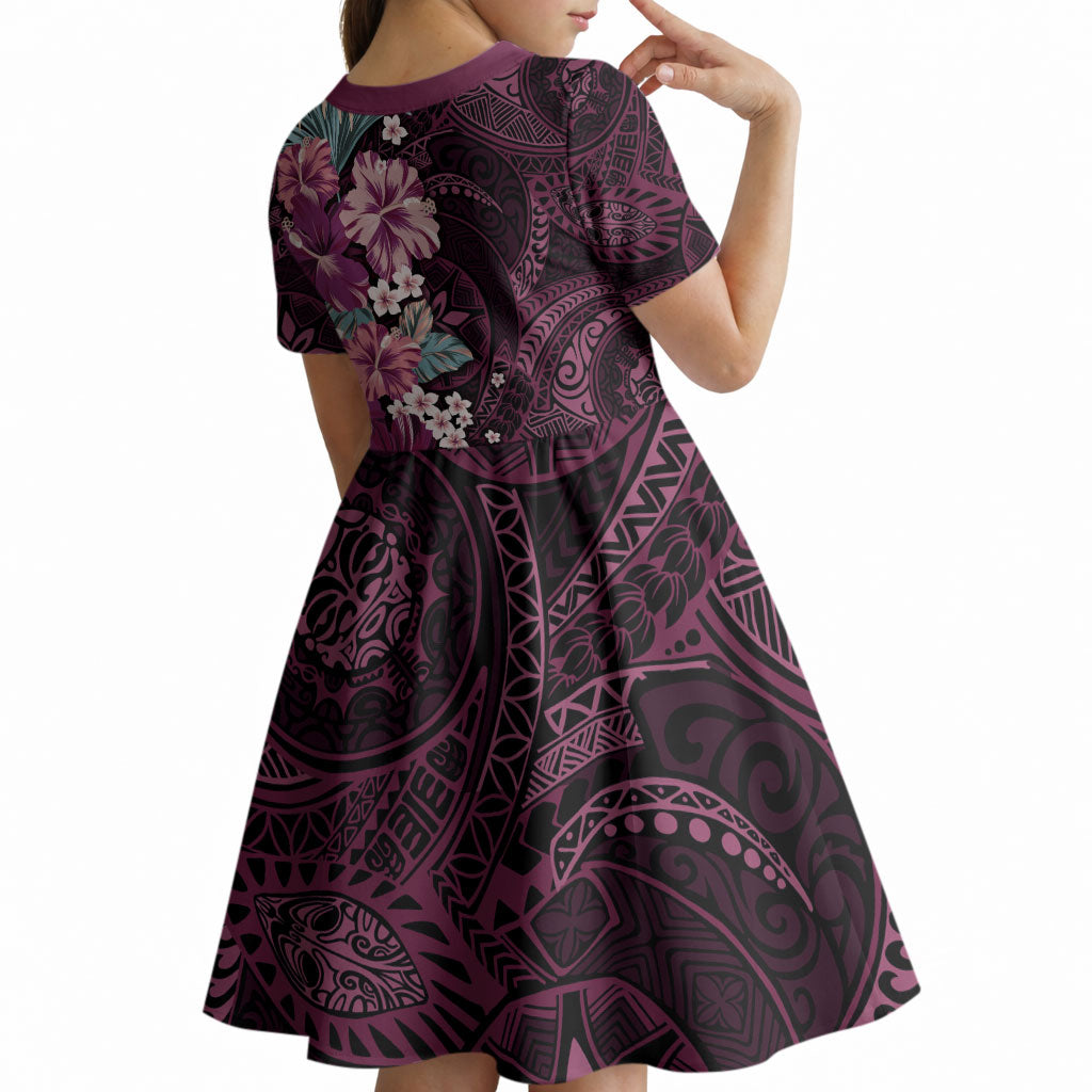 Poni Mama Hawai'i Hibiscus Kid Short Sleeve Dress Polynesian Tribal Tattoo Pattern Floral Elements