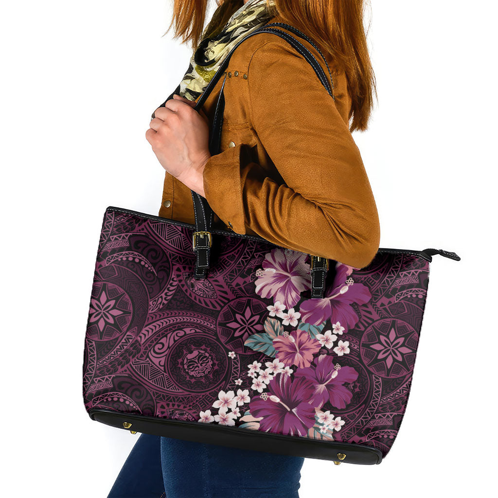 Poni Mama Hawai'i Hibiscus Leather Tote Bag Polynesian Tribal Tattoo Pattern Floral Elements
