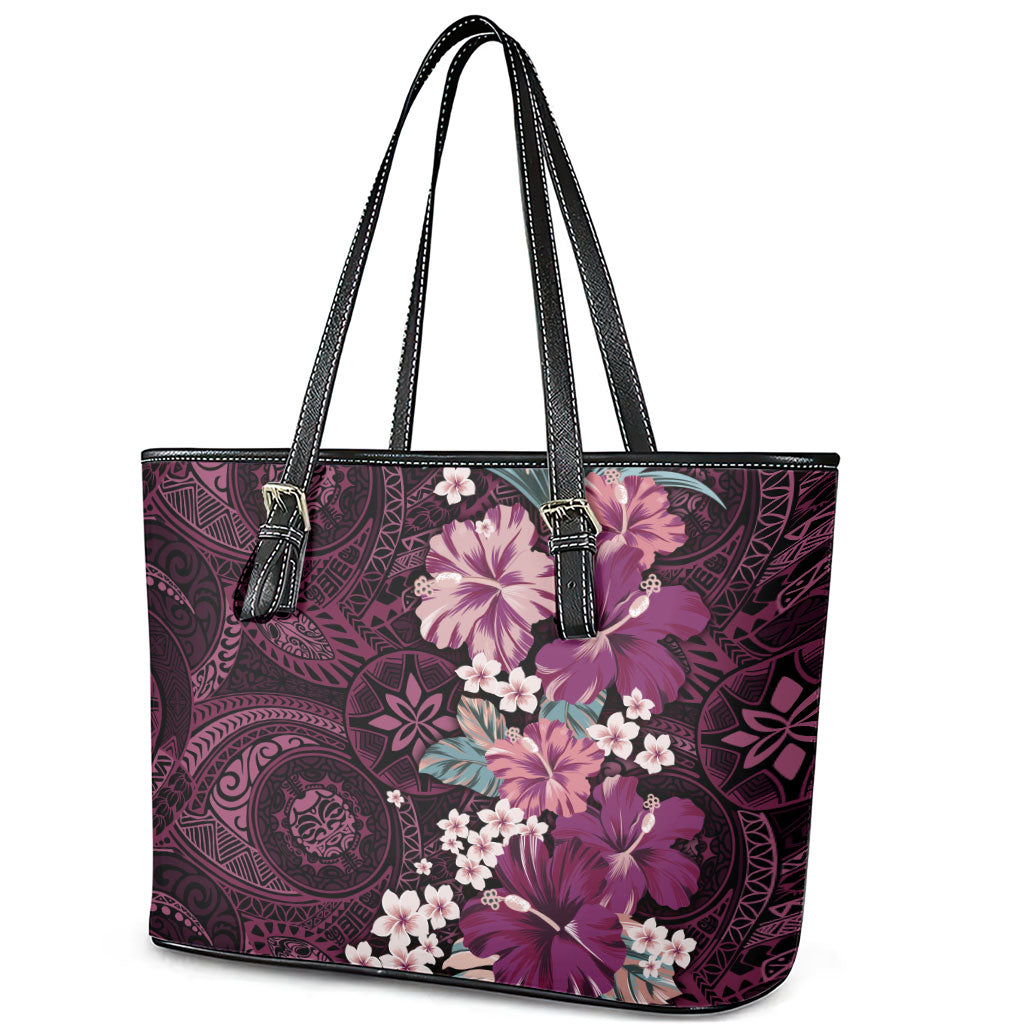 Poni Mama Hawai'i Hibiscus Leather Tote Bag Polynesian Tribal Tattoo Pattern Floral Elements