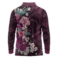 Poni Mama Hawai'i Hibiscus Long Sleeve Polo Shirt Polynesian Tribal Tattoo Pattern Floral Elements