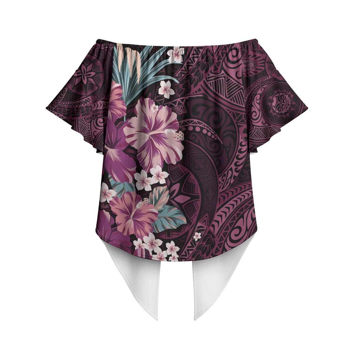 Poni Mama Hawai'i Hibiscus Off Shoulder Wrap Waist Top Polynesian Tribal Tattoo Pattern Floral Elements LT9 - Polynesian Pride