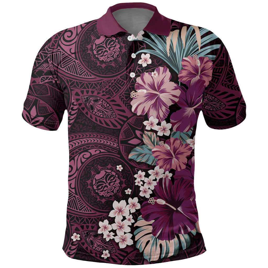 Poni Mama Hawai'i Hibiscus Polo Shirt Polynesian Tribal Tattoo Pattern Floral Elements