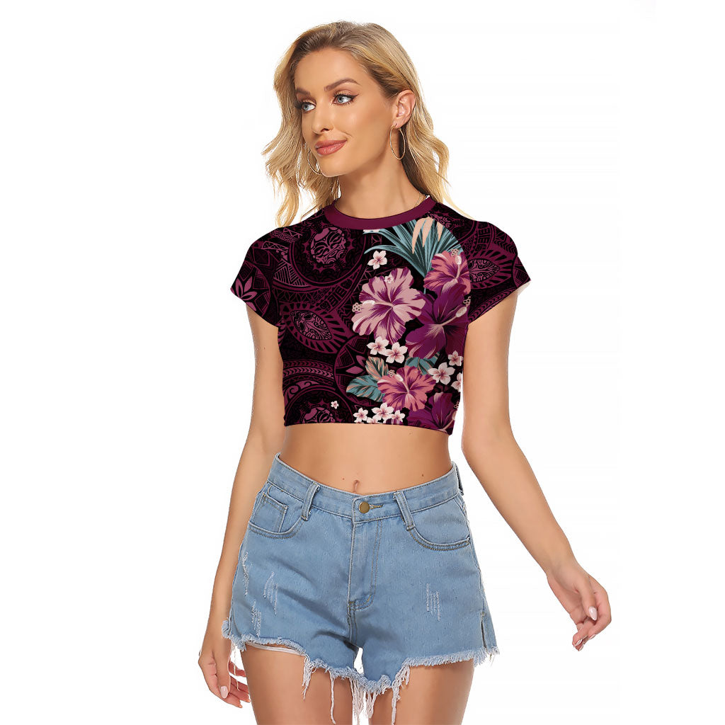 Poni Mama Hawai'i Hibiscus Raglan Cropped T Shirt Polynesian Tribal Tattoo Pattern Floral Elements