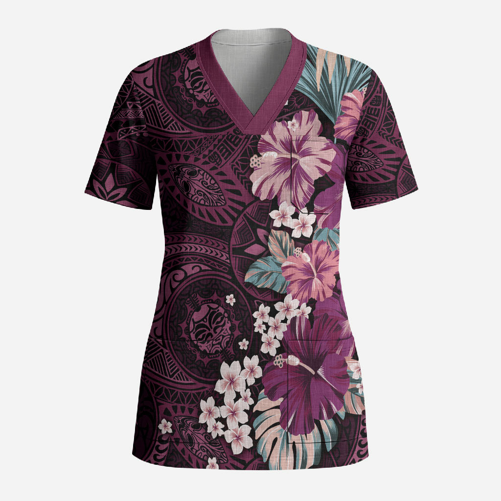 Poni Mama Hawai'i Hibiscus Scrub Top Polynesian Tribal Tattoo Pattern Floral Elements
