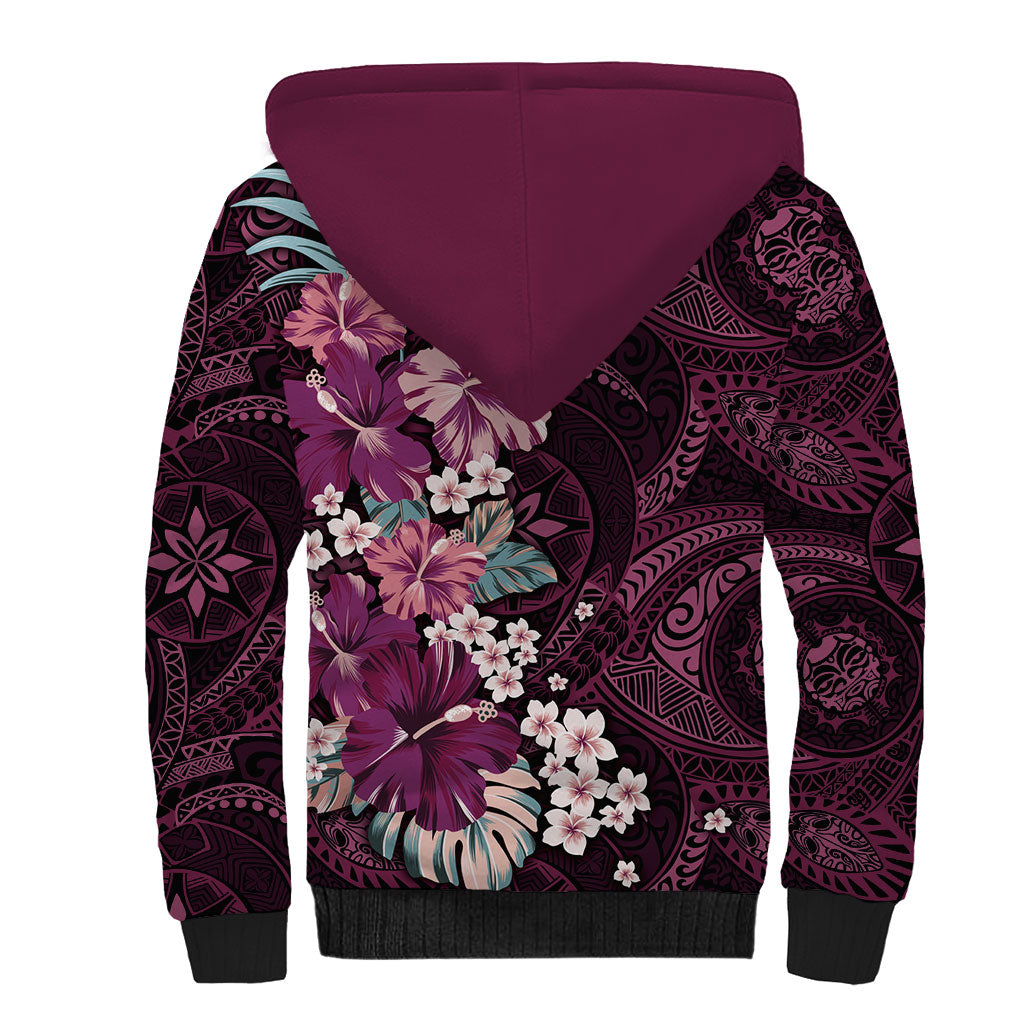 Poni Mama Hawai'i Hibiscus Sherpa Hoodie Polynesian Tribal Tattoo Pattern Floral Elements