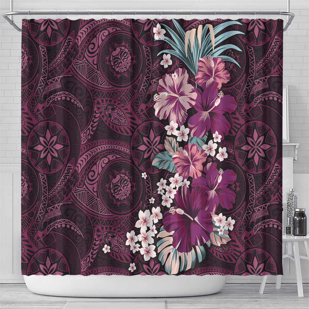 Poni Mama Hawai'i Hibiscus Shower Curtain Polynesian Tribal Tattoo Pattern Floral Elements