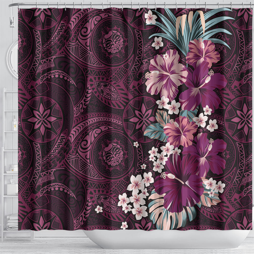 Poni Mama Hawai'i Hibiscus Shower Curtain Polynesian Tribal Tattoo Pattern Floral Elements