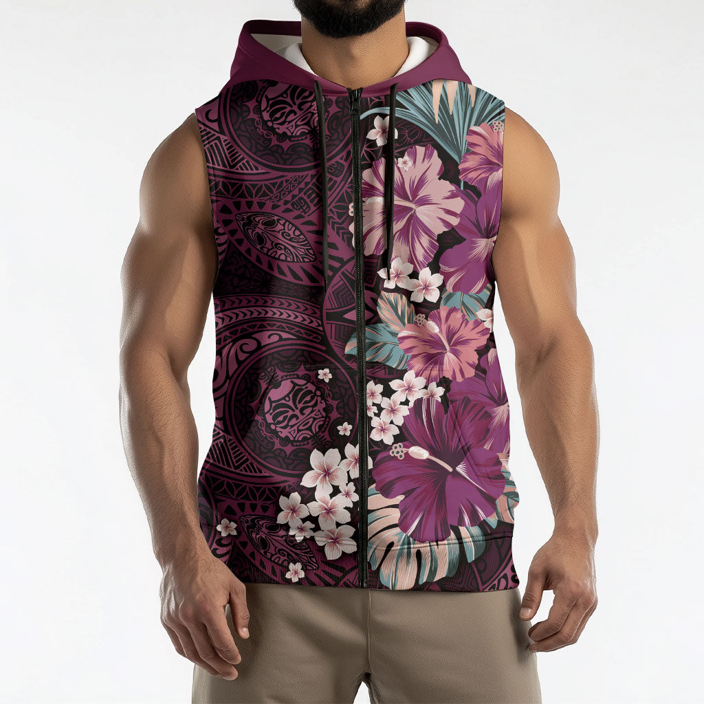 Poni Mama Hawai'i Hibiscus Sleeveless Zip Hoodie Polynesian Tribal Tattoo Pattern Floral Elements
