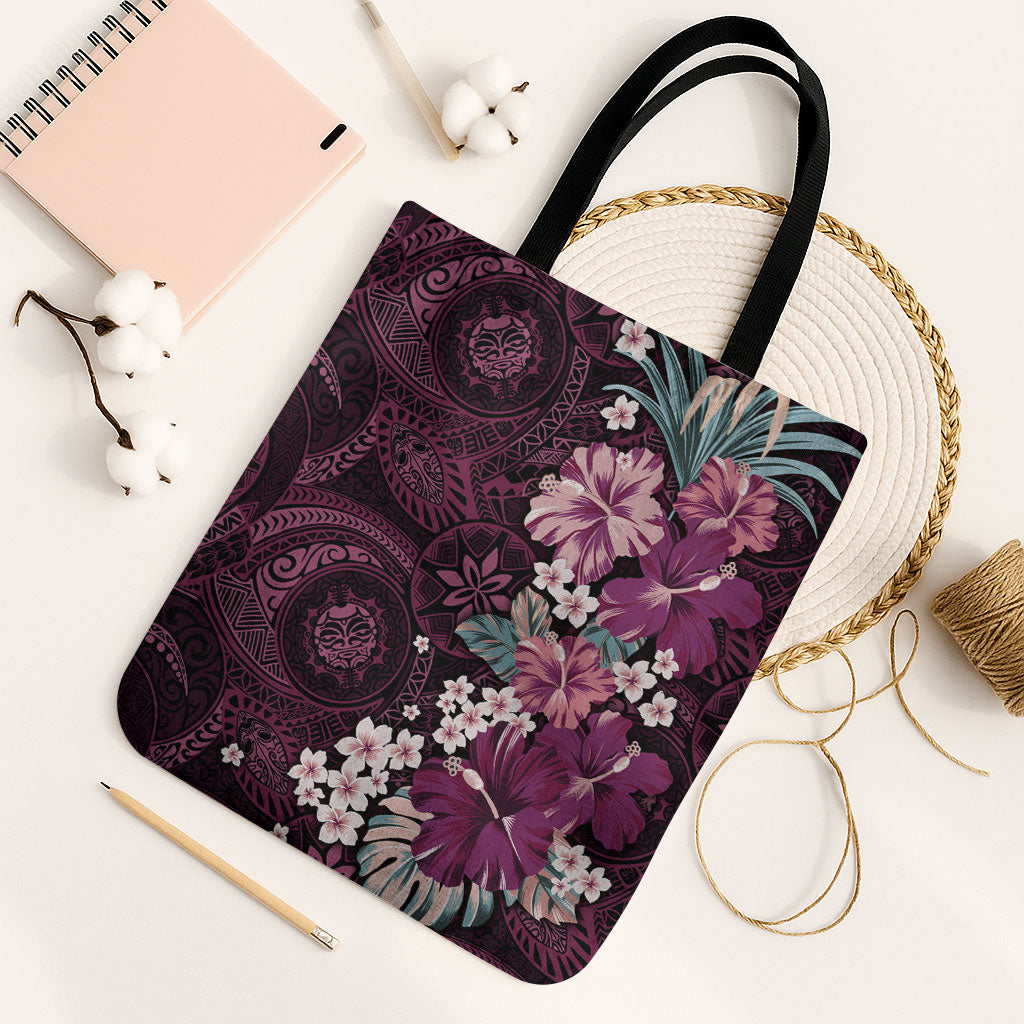 Poni Mama Hawai'i Hibiscus Tote Bag Polynesian Tribal Tattoo Pattern Floral Elements