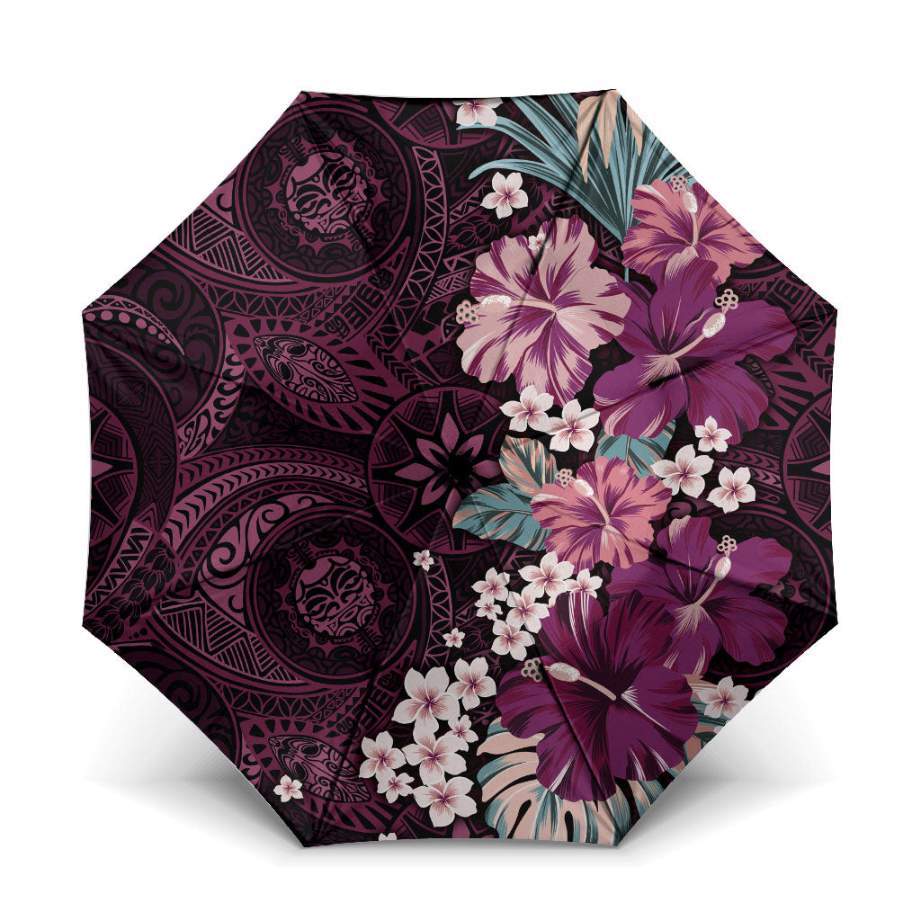 Poni Mama Hawai'i Hibiscus Umbrella Polynesian Tribal Tattoo Pattern Floral Elements LT9 One Size Folded 11.42 inch Opened Diameter 37.4 inch Pink - Polynesian Pride