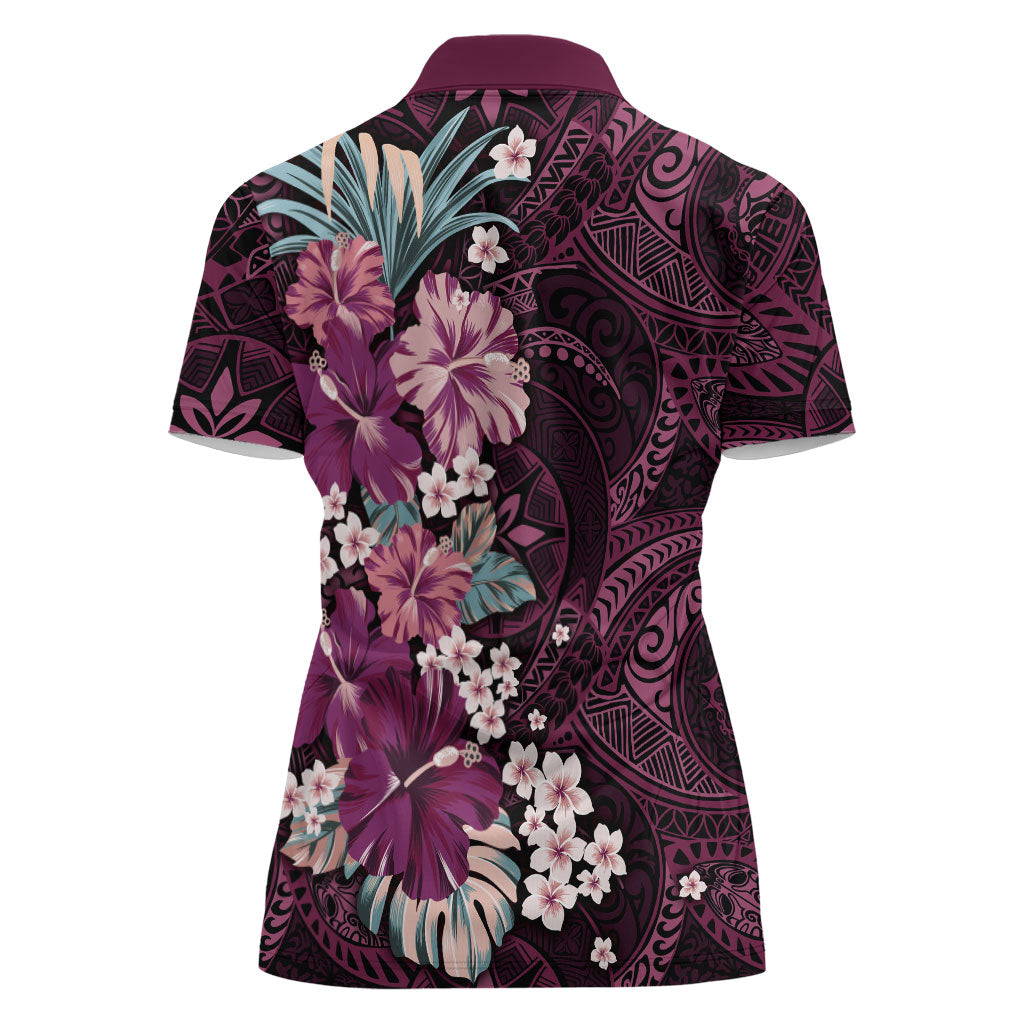 Poni Mama Hawai'i Hibiscus Women Polo Shirt Polynesian Tribal Tattoo Pattern Floral Elements