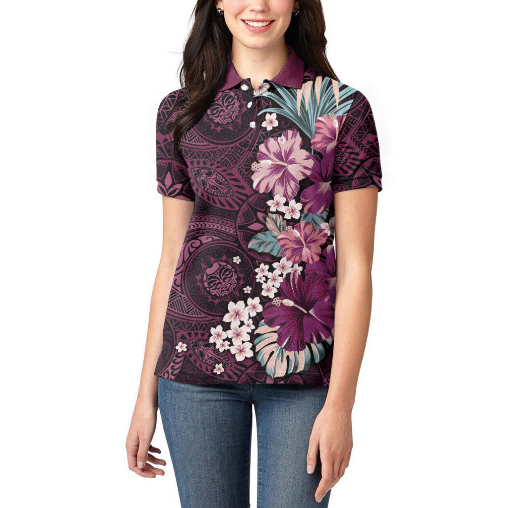 Poni Mama Hawai'i Hibiscus Women Polo Shirt Polynesian Tribal Tattoo Pattern Floral Elements