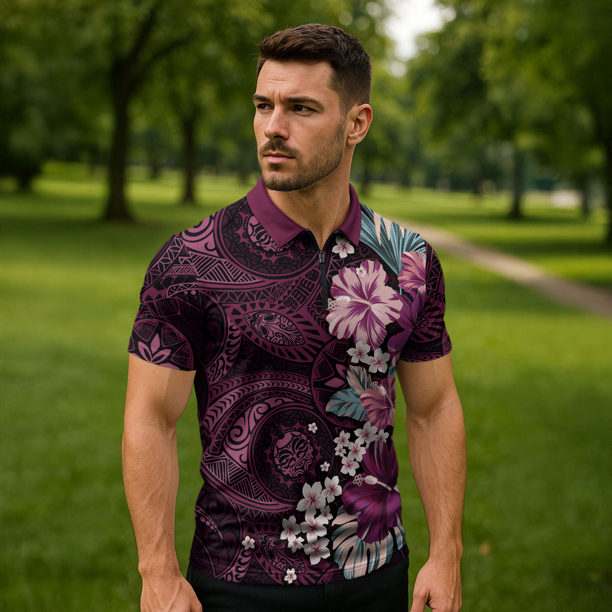 Poni Mama Hawai'i Hibiscus Zipper Polo Shirt Polynesian Tribal Tattoo Pattern Floral Elements