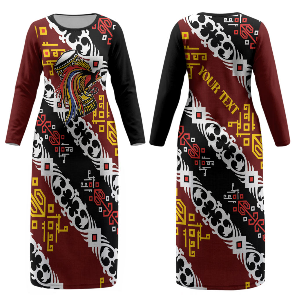 Personalised Papua New Guinea Bird Drum Couples Matching Long Sleeve Bodycon Dress and Long Sleeve Button Shirt Papuan Batik Motif