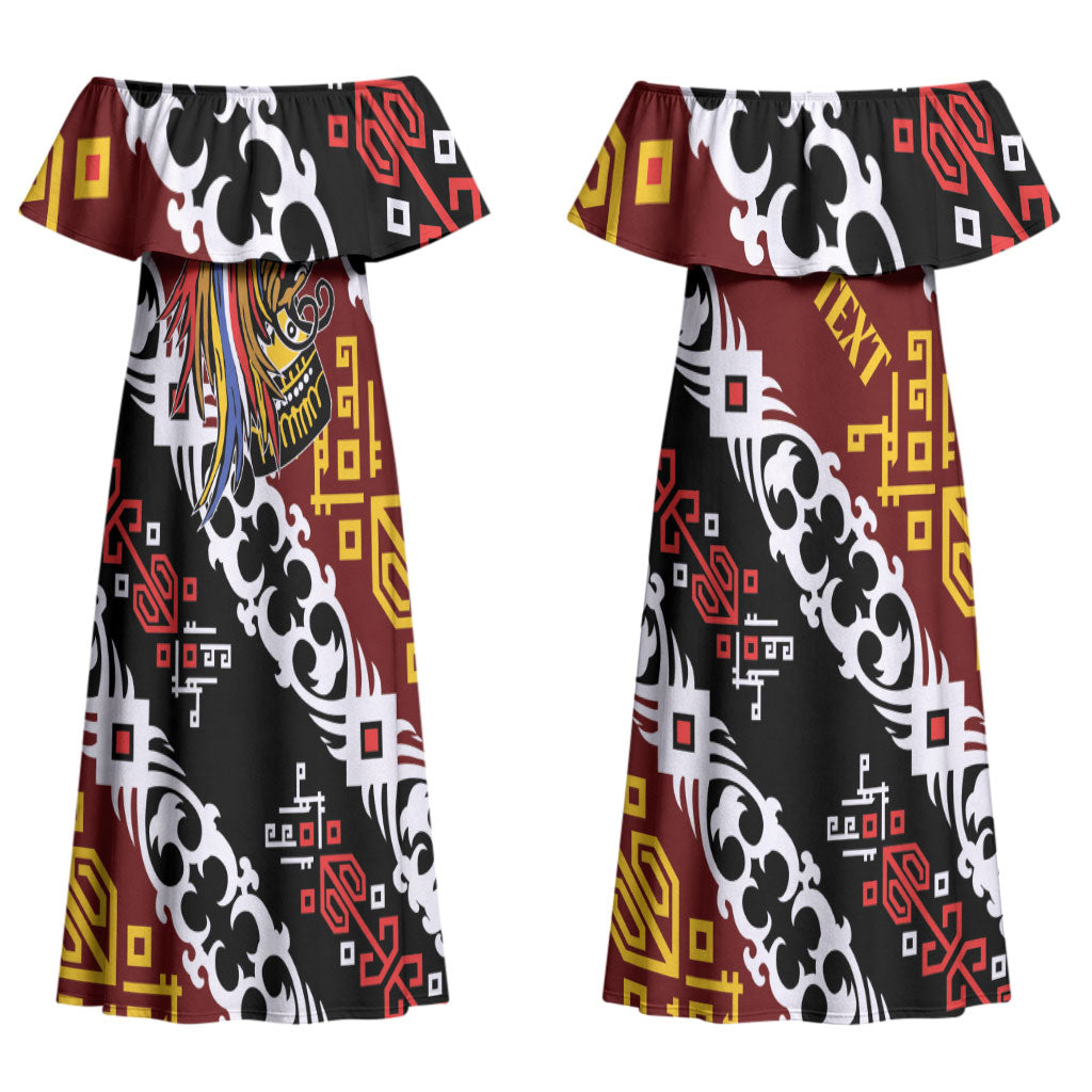 Personalised Papua New Guinea Bird Drum Couples Matching Off Shoulder Maxi Dress and Long Sleeve Button Shirt Papuan Batik Motif