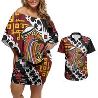 Personalised Papua New Guinea Bird Drum Couples Matching Off Shoulder Short Dress and Hawaiian Shirt Papuan Batik Motif