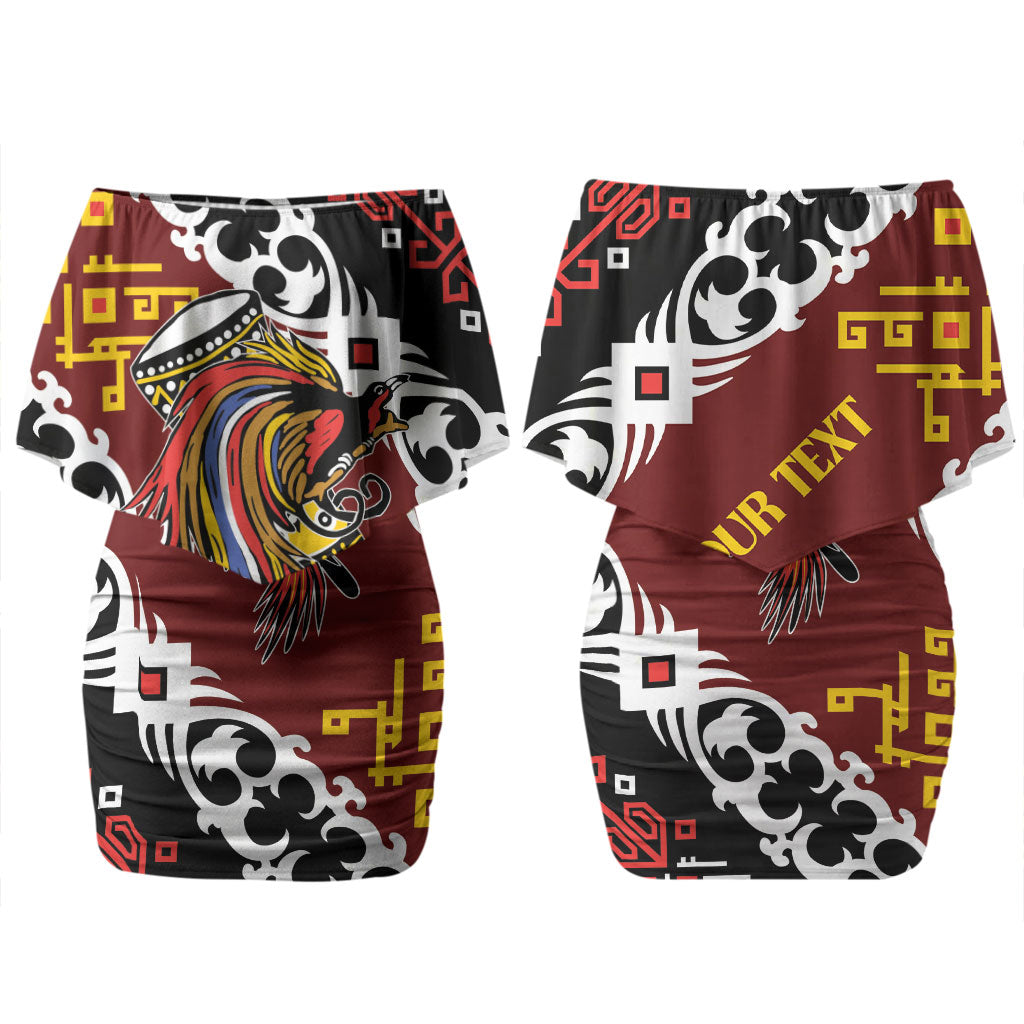 Personalised Papua New Guinea Bird Drum Couples Matching Off Shoulder Short Dress and Long Sleeve Button Shirt Papuan Batik Motif