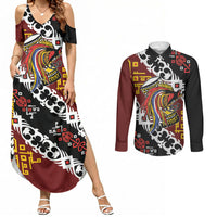 Personalised Papua New Guinea Bird Drum Couples Matching Summer Maxi Dress and Long Sleeve Button Shirt Papuan Batik Motif