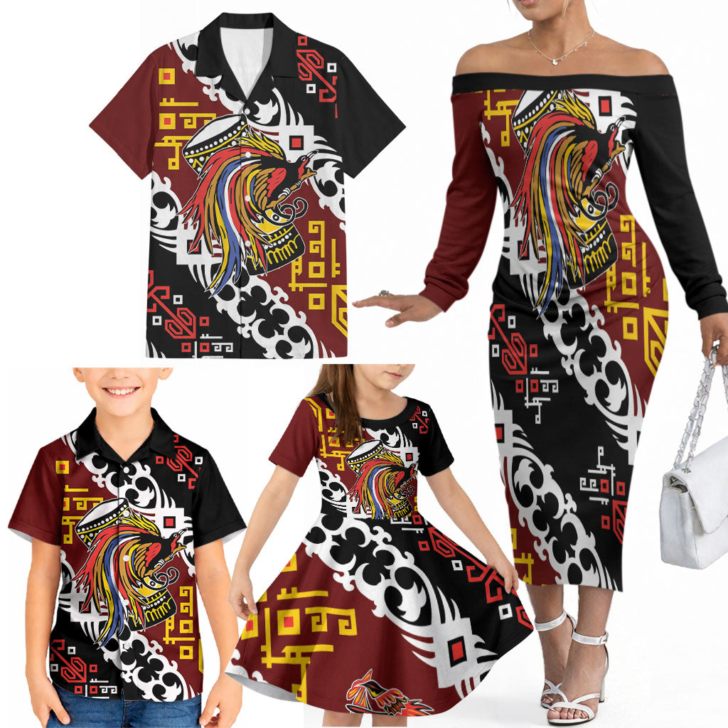 Personalised Papua New Guinea Bird Drum Family Matching Off The Shoulder Long Sleeve Dress and Hawaiian Shirt Papuan Batik Motif