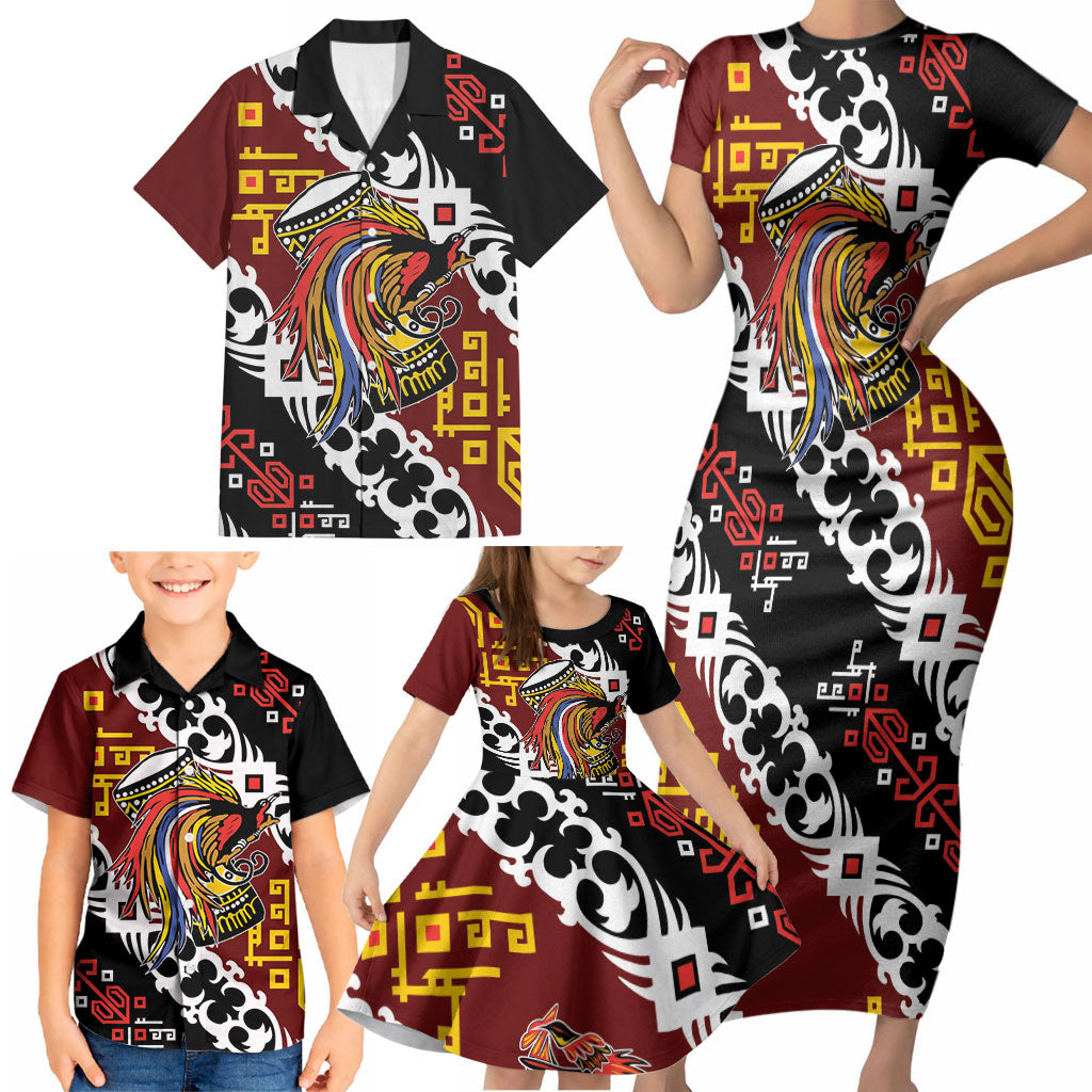Personalised Papua New Guinea Bird Drum Family Matching Short Sleeve Bodycon Dress and Hawaiian Shirt Papuan Batik Motif LT9 - Polynesian Pride