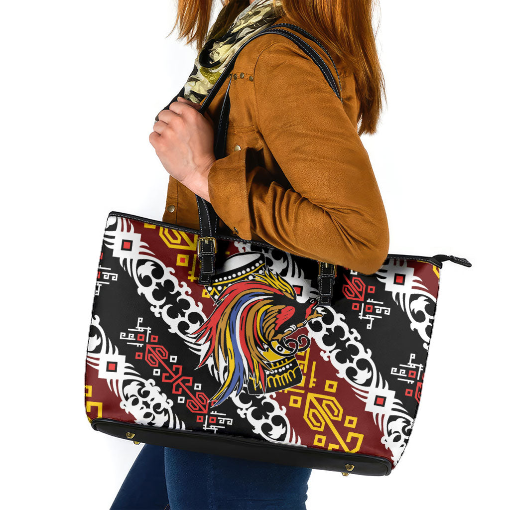 Papua New Guinea Bird Drum Leather Tote Bag Papuan Batik Motif