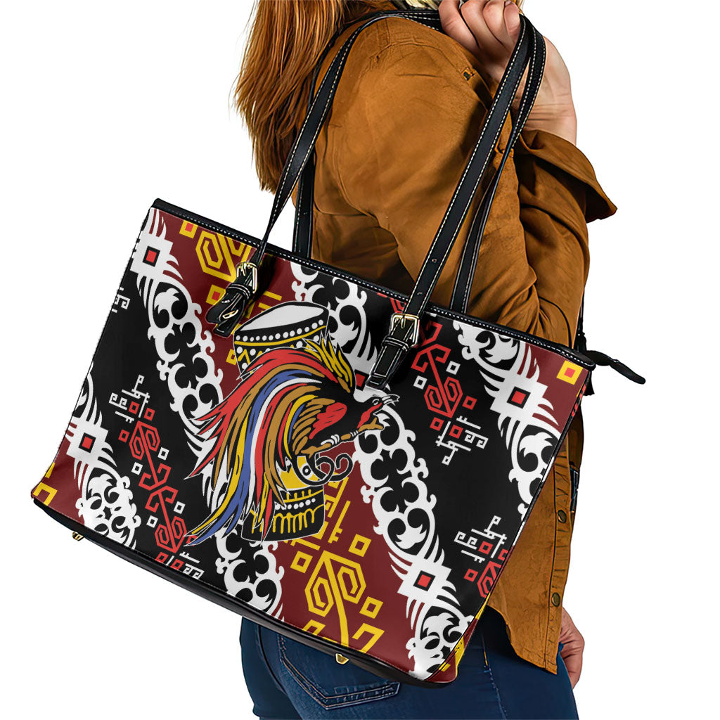 Papua New Guinea Bird Drum Leather Tote Bag Papuan Batik Motif