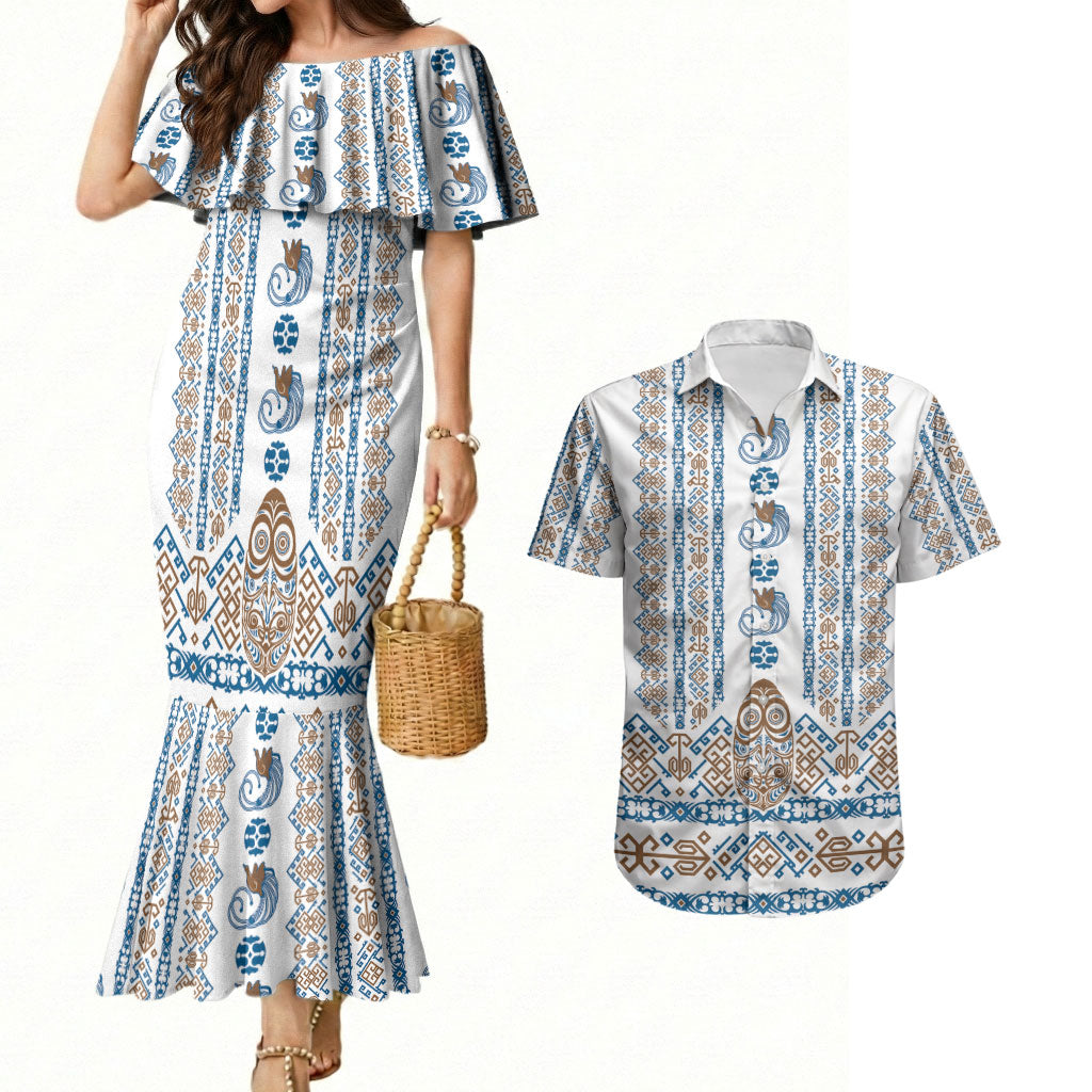 Personalised Papua New Guinea Bird Ethnic Couples Matching Mermaid Dress and Hawaiian Shirt Papuan Batik Inspired Pattern LT9 White - Polynesian Pride