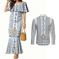 Personalised Papua New Guinea Bird Ethnic Couples Matching Mermaid Dress and Long Sleeve Button Shirt Papuan Batik Inspired Pattern